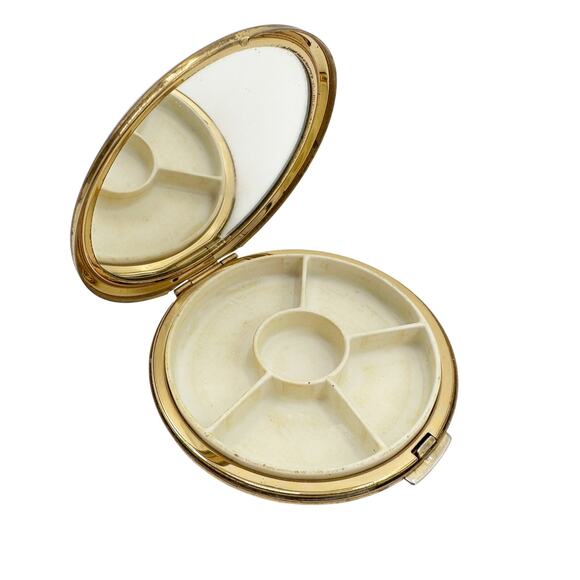 vintage gold tone metal Stratton floral Compact round makeup tray mirror England - Picture 3 of 5